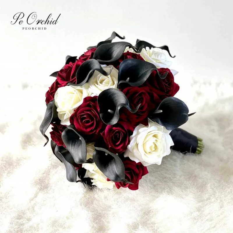 PEORCHID Vintage Black And White Rose Bridal Bouquet Calla Lily Roses Burgundy Artificial Wedding Hand Flower Bouquet For Bride