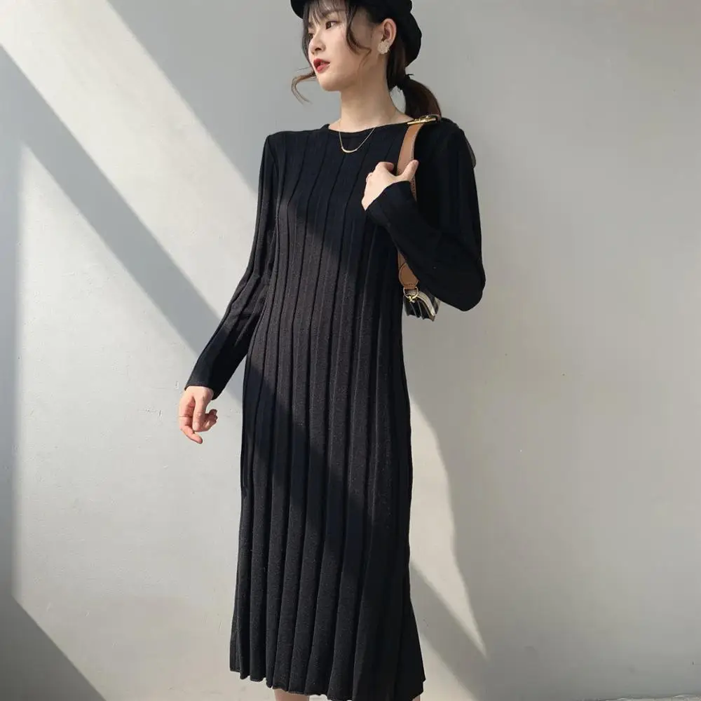 Obrix Повседневное Стиль длинный рукав Женское платье весна полосатый узор средней