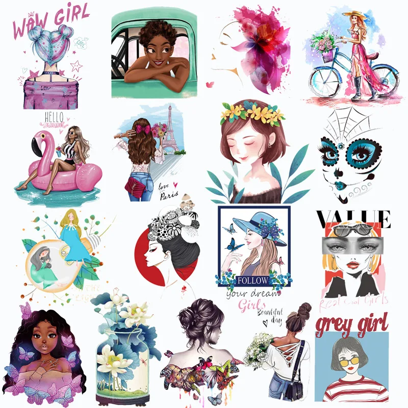 

Prajna Flowers Girl Iron On Patches For Clothing thermoadhesive patches on clothes DIY T shirts Heat Transfers Cartoon Stickers