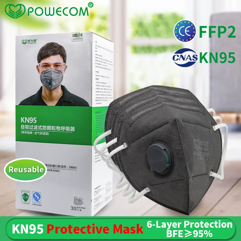 

POWECOM 30/60/120/180Pcs CE FFP2 Activated Carbon Masks 95% Filtration Anti-dust KN95 Mouth Mask with Breathing Valve Cover Mask
