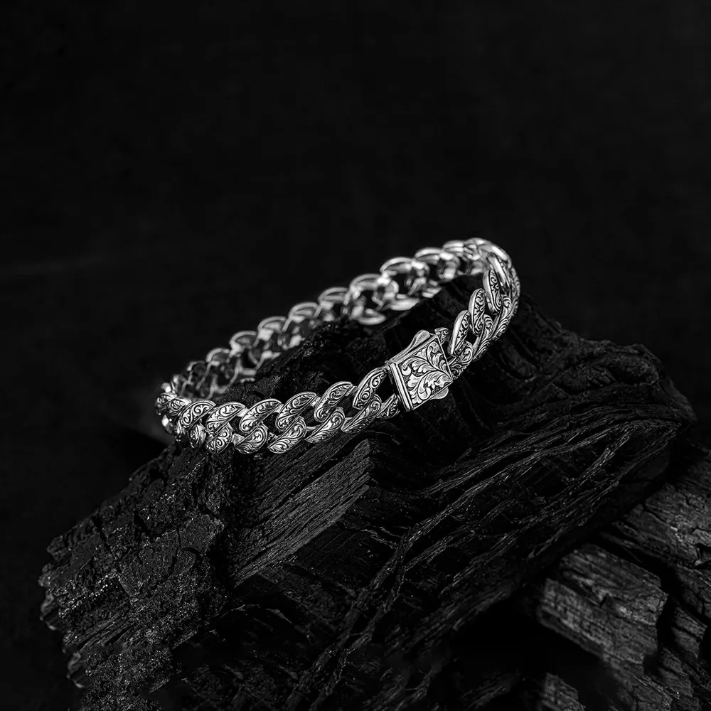 

Silver Hand-Engraved Bracelet for Men 925 Sterling Silver Collocation Fashion Natural Male Punk Mask Vintage Antique JewelryGift