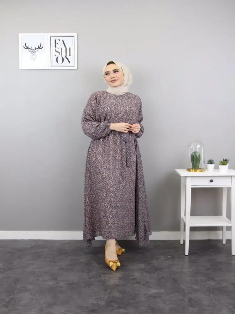 

Gathered Waist Bat Sleeve Dress Floral Pattern Maxi Size Asymmetric Elastic Sleeve Thin Summer Muslim Fashion Hijab Kaftan Abaya
