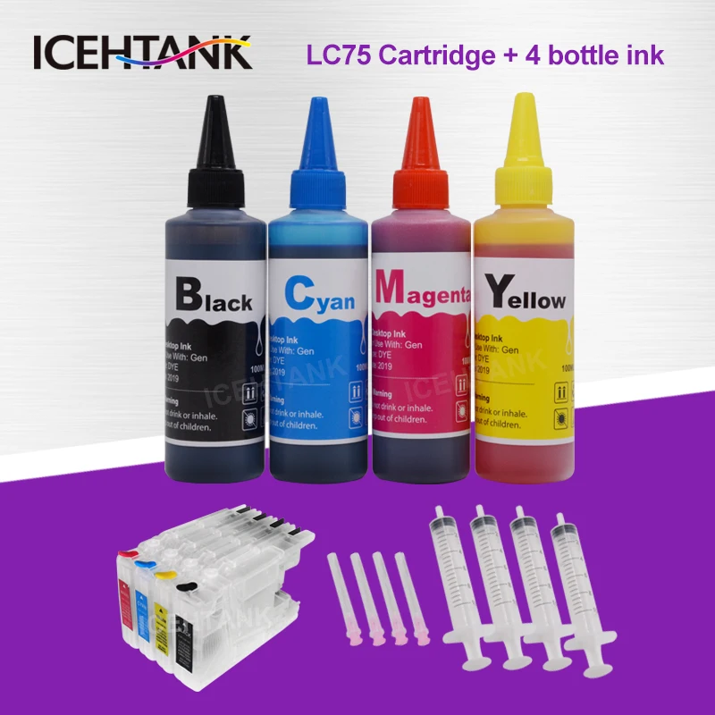 Чернильный картридж ICEHTANK LC75 XL + набор чернил для принтера Brother LC 12 40 71 73 75 400 1240 MFC