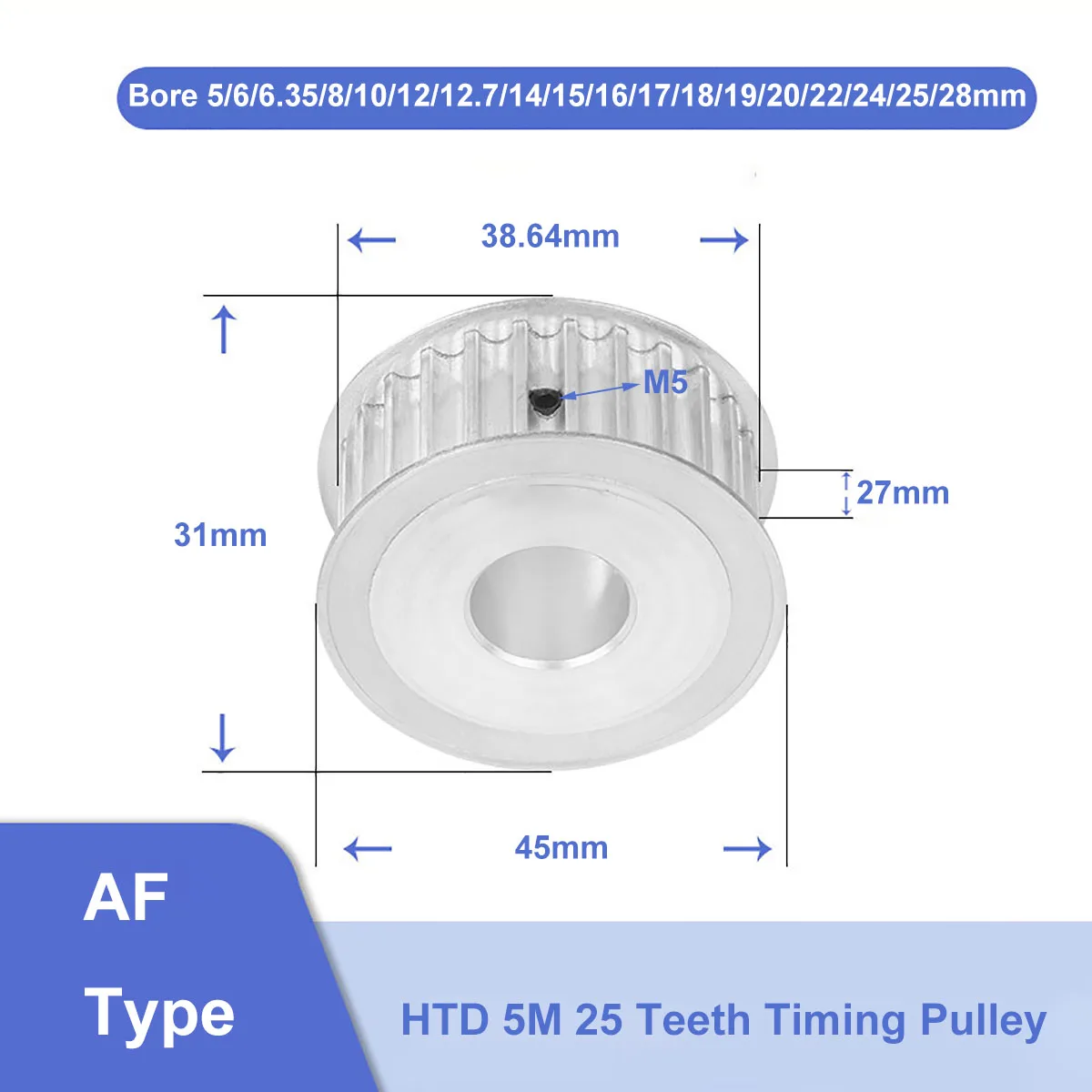 

HTD 5M 25 Teeth Timing Pulley Synchronus Wheel Bore 5mm - 28mm Aluminium Idler Pulley 5M-25T 27mm Width For HTD5M Timing Belt