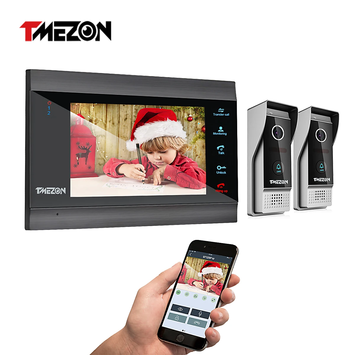 TMEZON 7 Inch Wireless/WIFI Smart IP Video Doorbell Intercom System with 1 Night Vision Monitor + 2 Rainproof Door Phone Camera