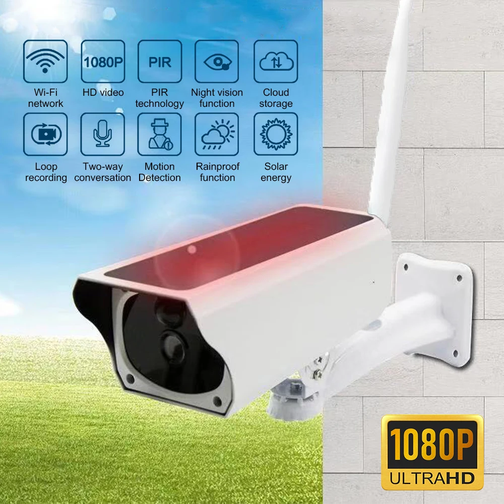 

Solar WiFi IP Camera 1080P HD Outdoor Charging Battery Wireless Security Camera PIR Motion Detection Bullet Surveillance CCTV