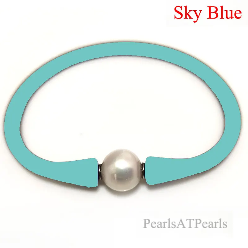 

7 inches 10-11mm One AA Natural Round Pearl Sky Blue Elastic Rubber Silicone Bracelet For Women