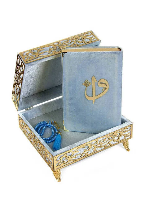 GREAT GIFT Special Elif Vav Plexi Decorated Gift Velvet Covered Footed Box Koran Blue)   FREE SHİPPİNG