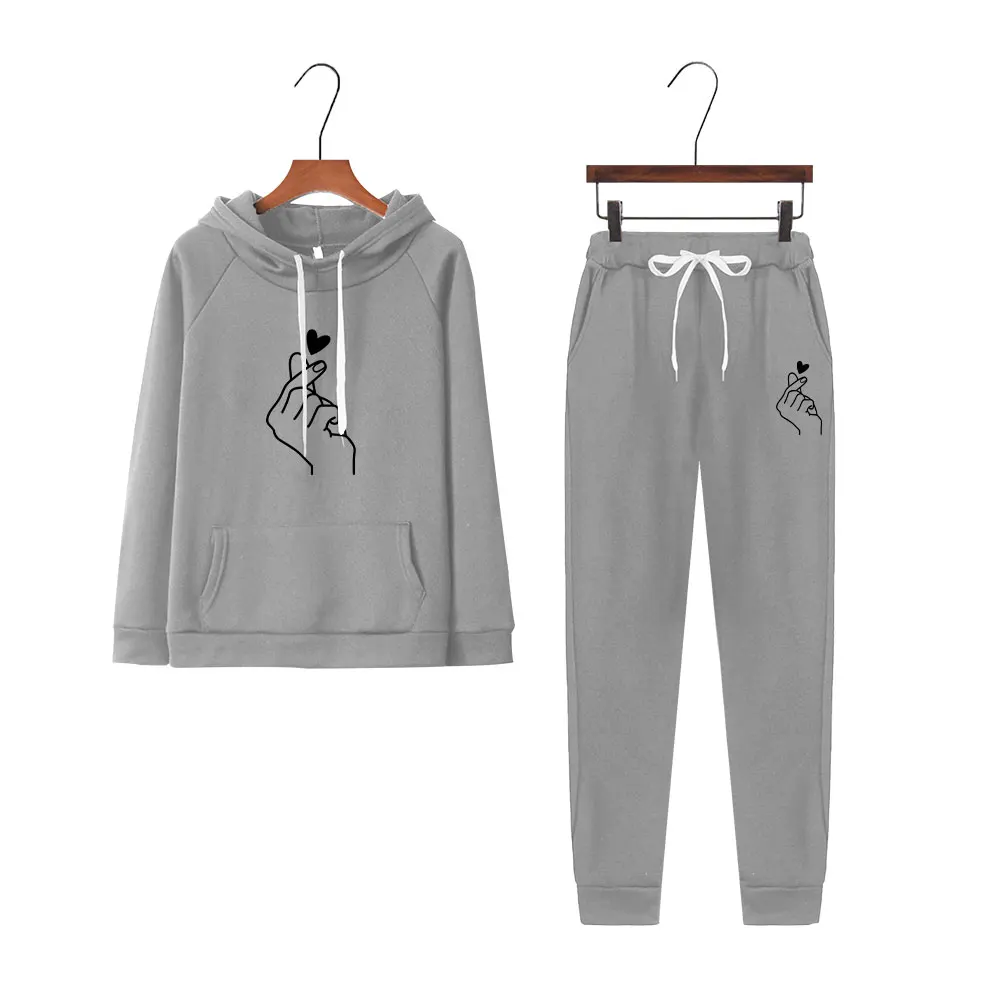 

Spring and Autumn Women Finger Heart Printed Long Sleeve Hoodie and Sweatpants Two Pieces Jogging Street Wear Suit