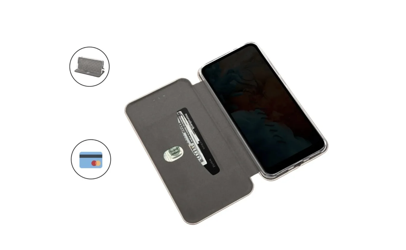 Выгодный комплект для Samsung A50: чехол-книжка Silver + стекло с черной рамкой на весь экран телефона смарт дешево.