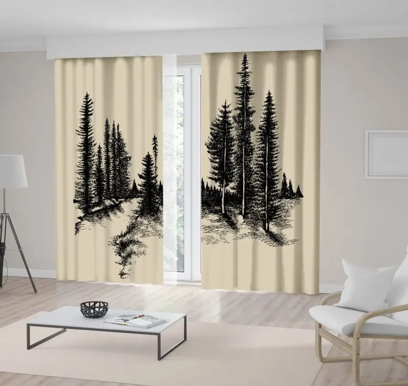 

Curtain Mountain Forest Pine Trees River Nature Countryside Landscape Classic Black and Beige Illustration Printed