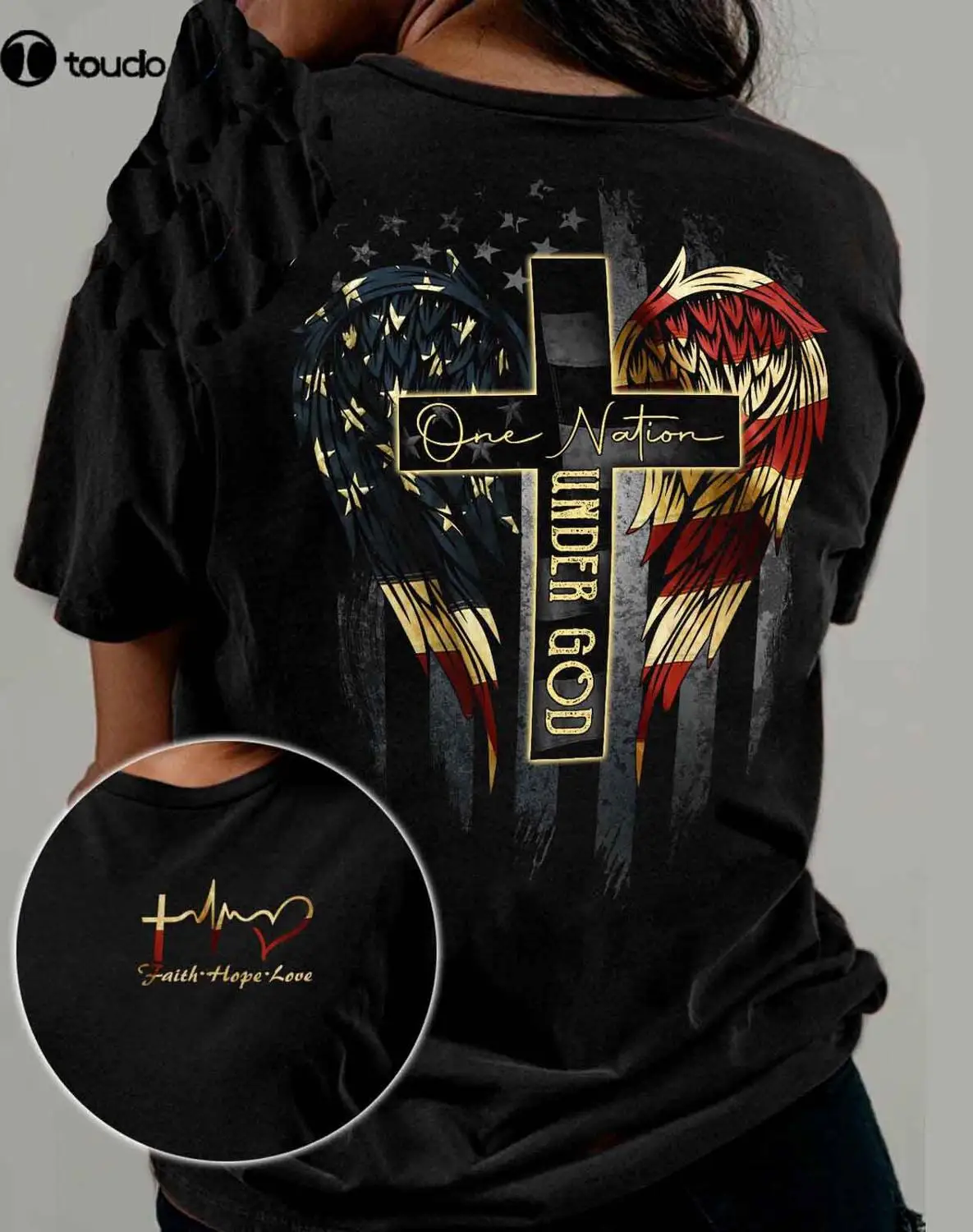 

One Nation Under God Cross USA America Flag Patriotic Adult T-Shirt