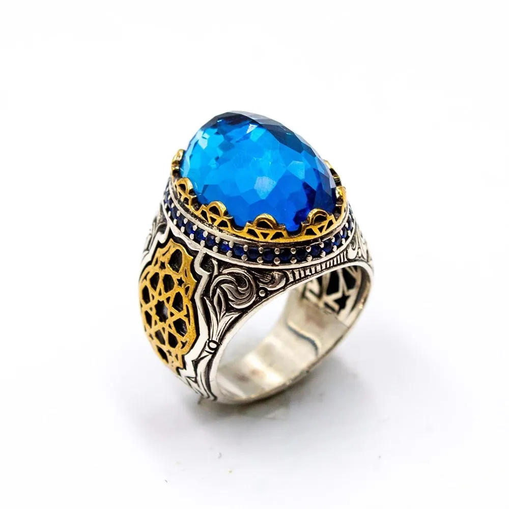 

Nostalgic Ottoman Dark Blue Aquamarine Gemstone 925 Sterling Customized Luxury Silver Ring for Men Jewelry Souvenir Gift Special