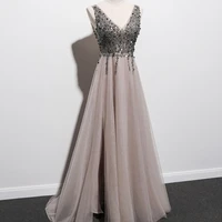 sexy backless evening dress gray tulle with shining beading sequins side split long prom gowns