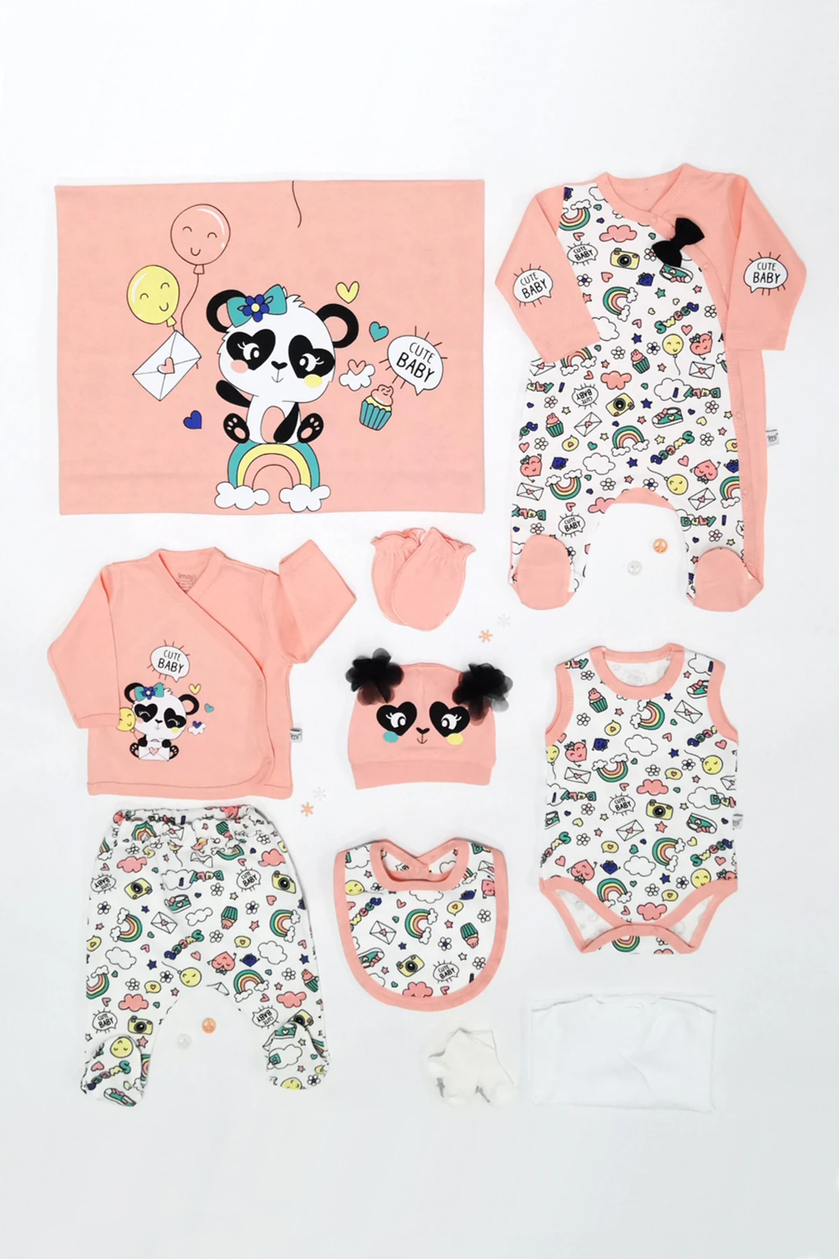 

Rainbow Panda 10 Pieces Newborn Baby Girls Hospital Outfit Cotton