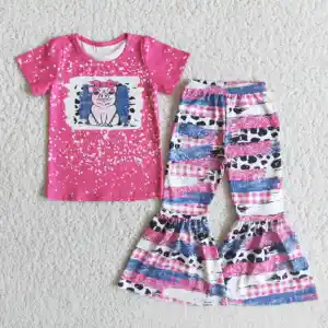 Summer Autumn Girl's Clothes Cartoon Pig Print Pink Short-sleeved T-shirt And Pink Print Flared Trouser Suit Kids Clothing