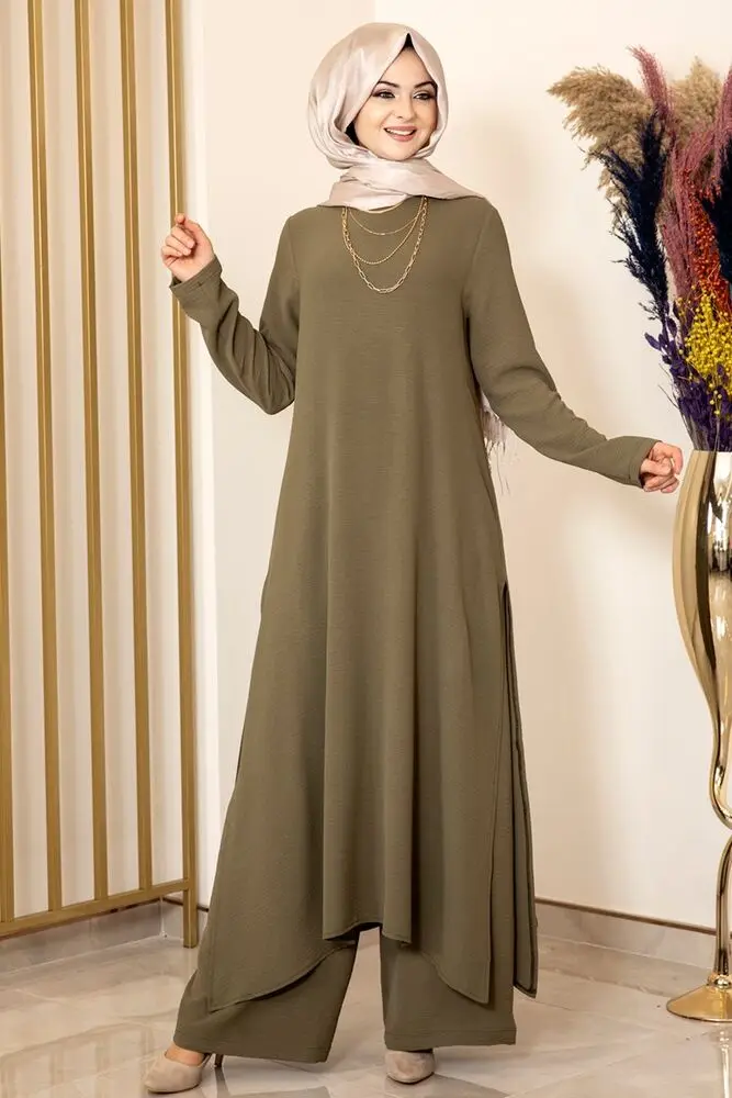

Khaki colour two pieces women dress. Elegant and quality dress. Muslim dress. New season fashion. Made in Turkey. Kaftan. Caftan