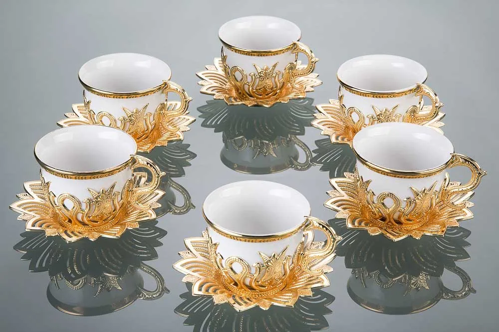 

​Turkish Handmade Serving Set Arabic Coffee Mugs Golden Coffee Cups and Saucers Serving Set Ceramic Silver Coffee Mugs