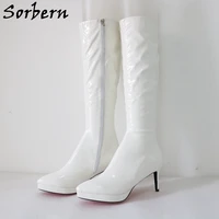 sorbern white shiny knee high boots us9 low kitten heels pointed toe platform shoes custom leg wide or slim fit size eu33 48