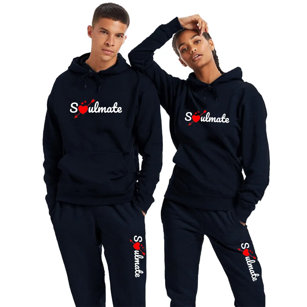 

2022 Fashion Soul Mate Print Couple Hoodie and Pants 2 Piece Sports Suits Sportwear Men's Clothing Women's Tracksuit
