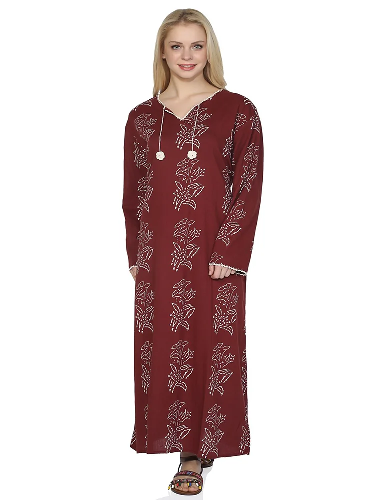 Хлопковый узор в виде лилии, с длинными рукавами, белая, бордовая, синяя, ручной работы, платья Хиджаб