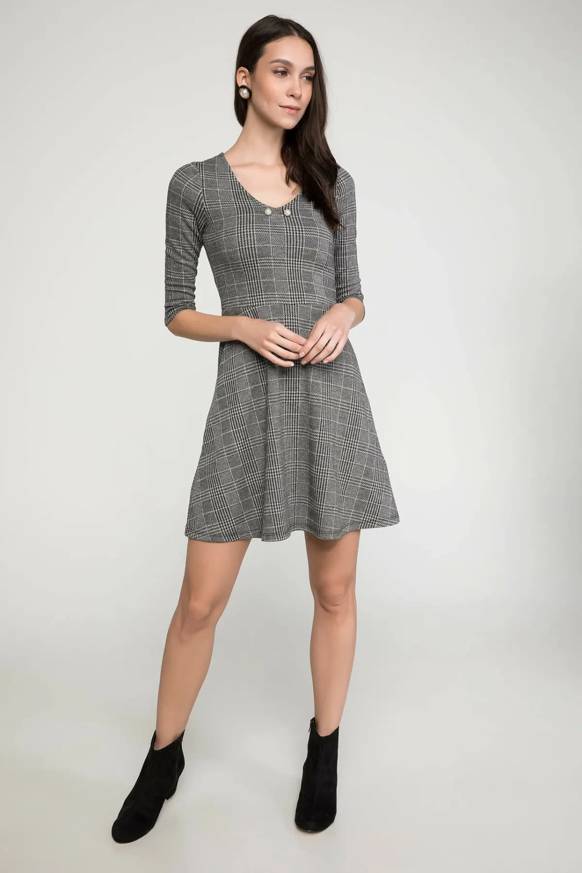 Дефакто Сексуальное Женское клетчатое платье с v образным вырезом для женщин