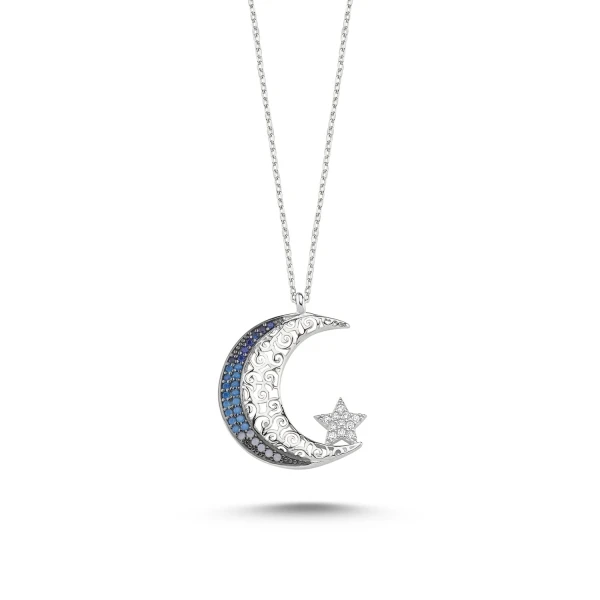 

Серебряное 925 пробы ажурным узором и синим серым оттенком нано кубического циркония ожерелье с Луной и звездой
