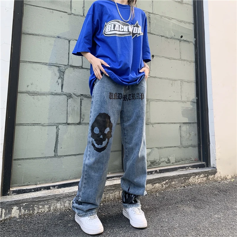 Jeans With Print Men's Skull Jeans Jean Baggy Blue Y2k FASHION Man Pants Vintage Skeleton Trendyol Streetwear Hip Hop Denim