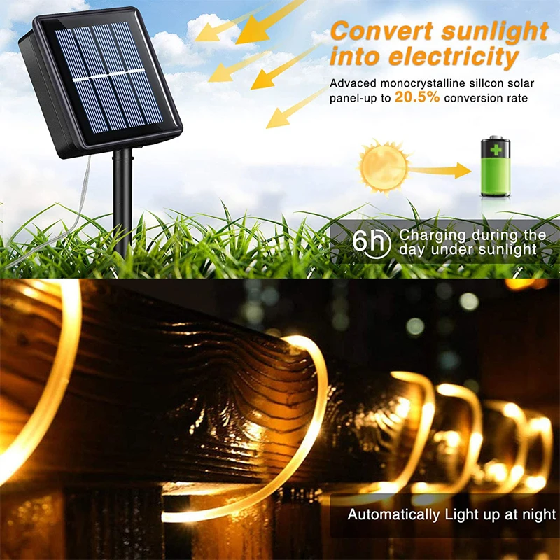 

2021 LED Rope Tube Lights Solar Powered Warterproof Fairy String Lights Christmas Decoration Garden Street Patio Garland Light
