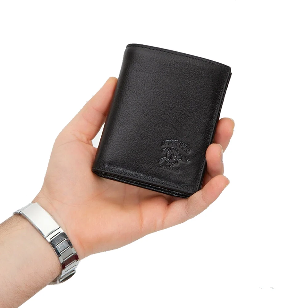 

Men's Black Genuine Calfskin Leather Coined Cash Compartment Hidden Inner Pocket RFID Protection Wallet Card Holder