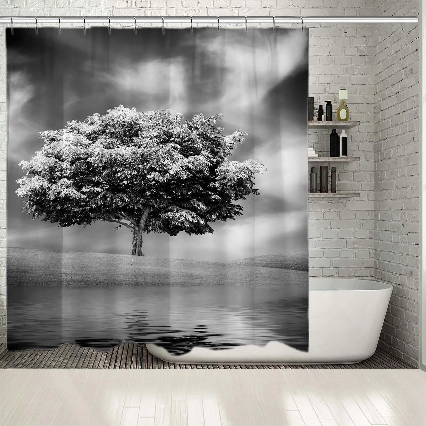 

Shower Curtain Cloudy Sky Alone Tree Reflection on Water Wild Nature Landscape Photo in Black and Gray