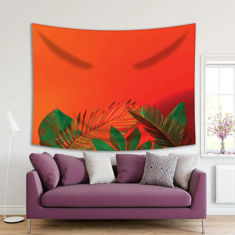 

Tapestry Tropical Palm Leaves Against Gradient Holographic Colors Hot Summer Day View Green Orange