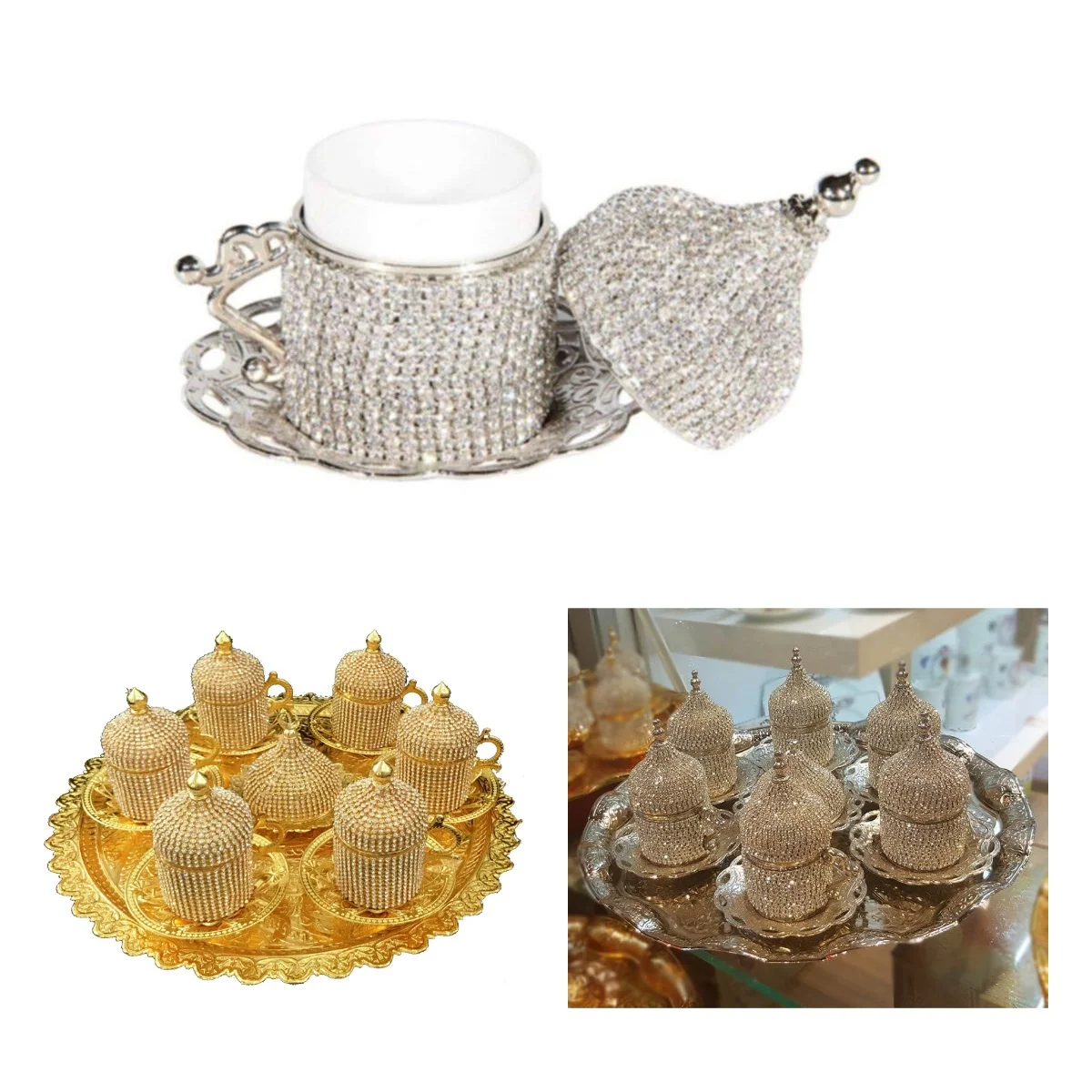 

Set of 6 Swarovski Turkish Coffee Cups Set And Stone Teapot Set Copper Made in Turkey Arabic Coffee Set Handmade Coffee Set