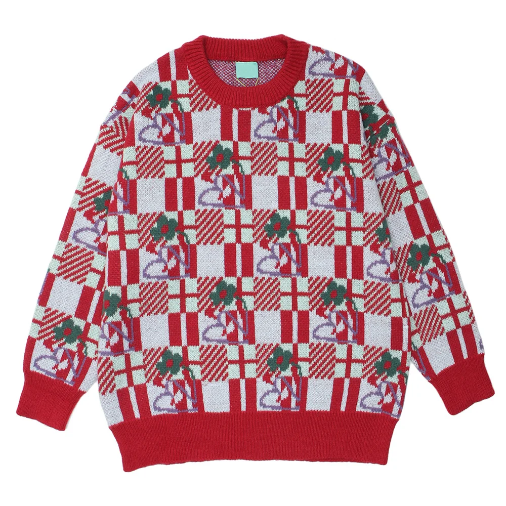 

Dark Icon Floral Plaid Sweater for Men Autumn Pullover Knitwear Oversized Korean Style Men's Sweater Couple Clothing