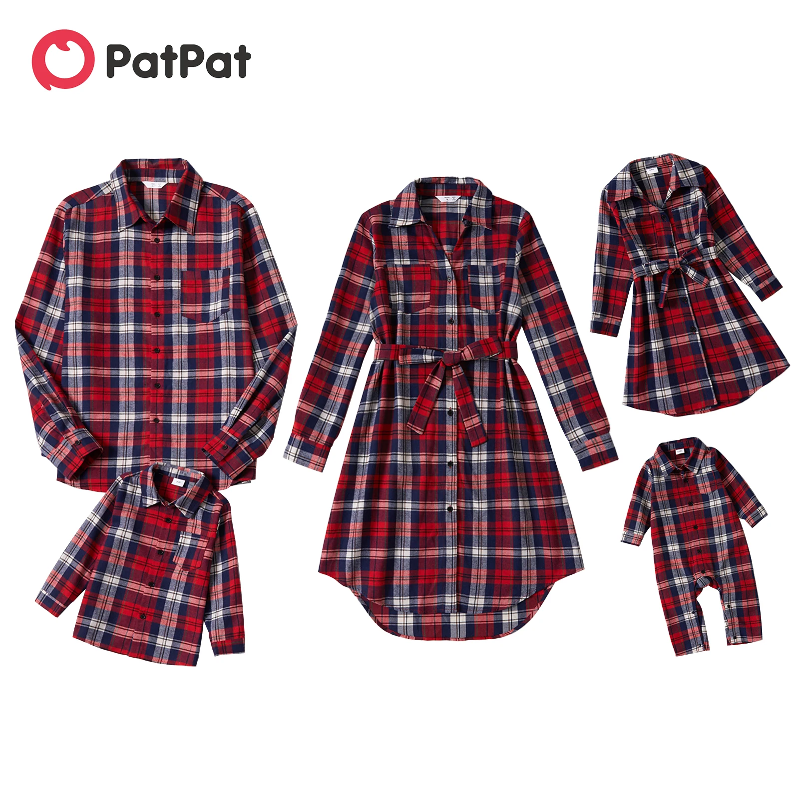 PatPat Christmas Red Plaid Family Matching Long-sleeve Belted Dresses and Shirts Sets