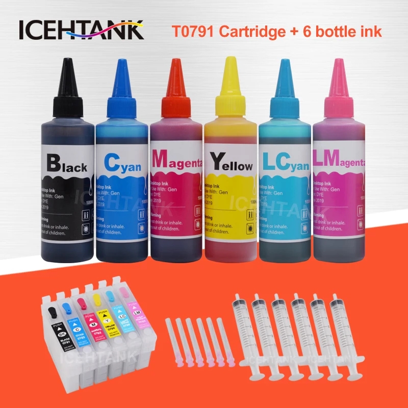 Набор чернильных картриджей ICEHTANK T0791 T0796 + 6 × 100 мл чернил для Epson Stylus Photo 1400 1500 Вт P50