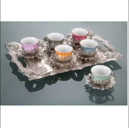 

WONDERFULAhsen Tulip Patterned Colorful Turkish Coffee Set for 6 Persons Silver Colored Tray and BEVERAGE SET