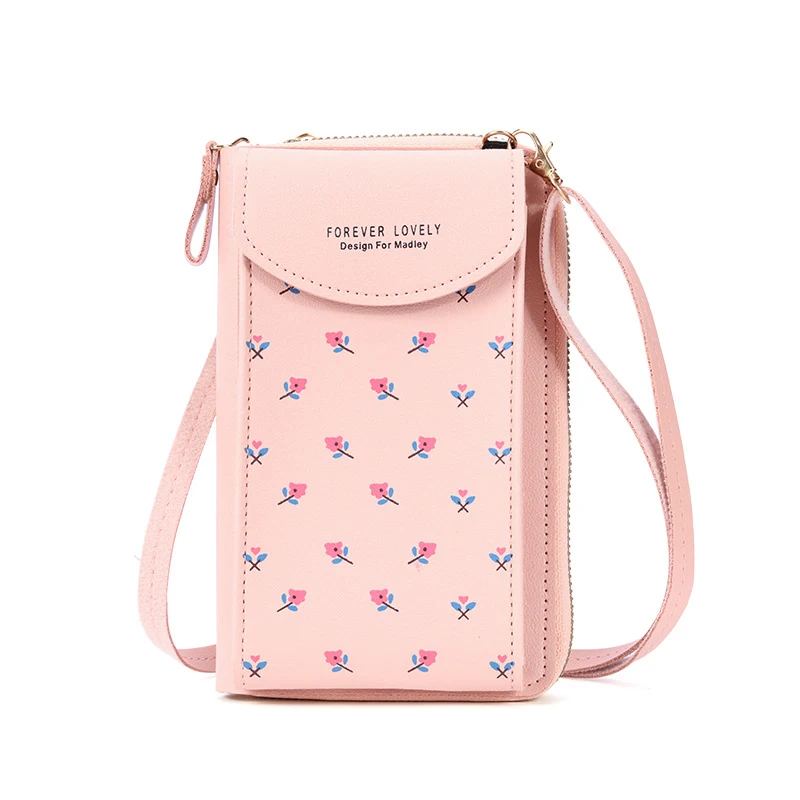 

Women Wallet PU Leather Shoulder Bag Flower Print Shoulder Straps Mobile Phone Big Card Holders Wallet Handbag Pockets Girls