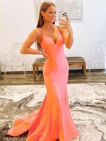 sexy v neck spaghetti straps orange long floor length prom dress backless mermaid formal party dress with high split 2022 new