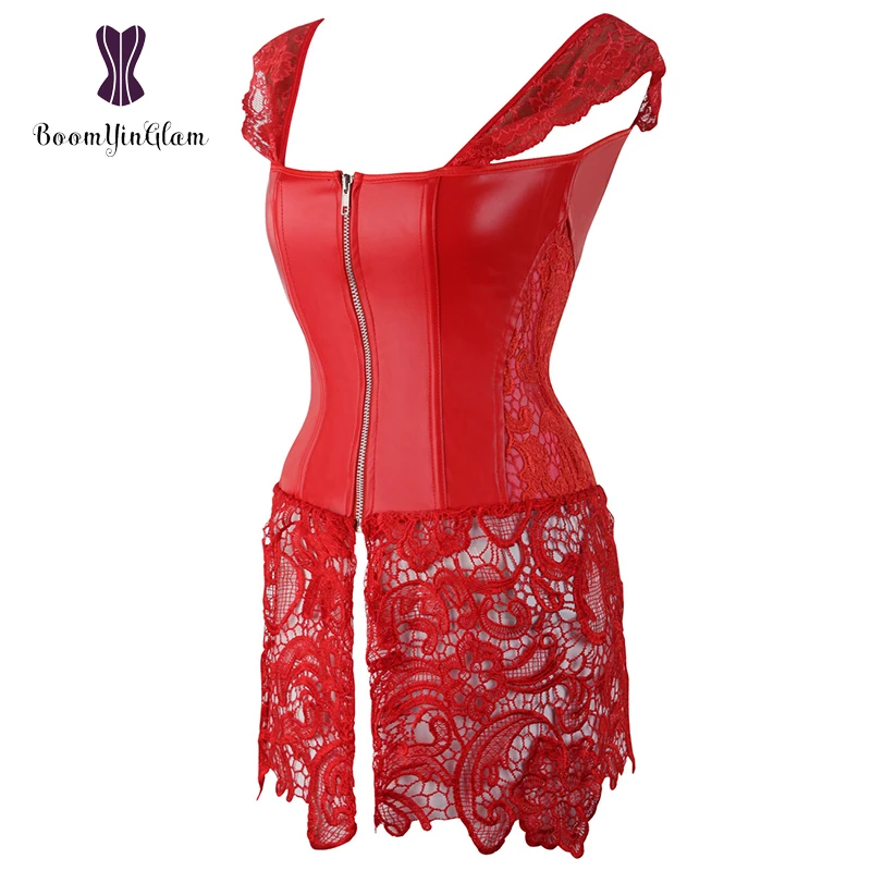 Back Zipper Women's Gothic Lace Up Front Punk Faux Leather Bustier Corset Dress Plus Size Lingerie 903#