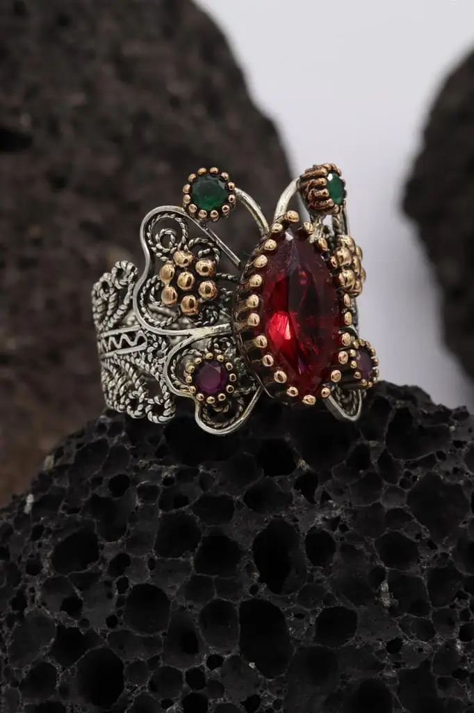 925 Sterling Silver Emerald Ruby Zircon Filigree Ring Inlaid Mardin Assyrian Turkish Adjustable Finger Width Jewelry Butterfly