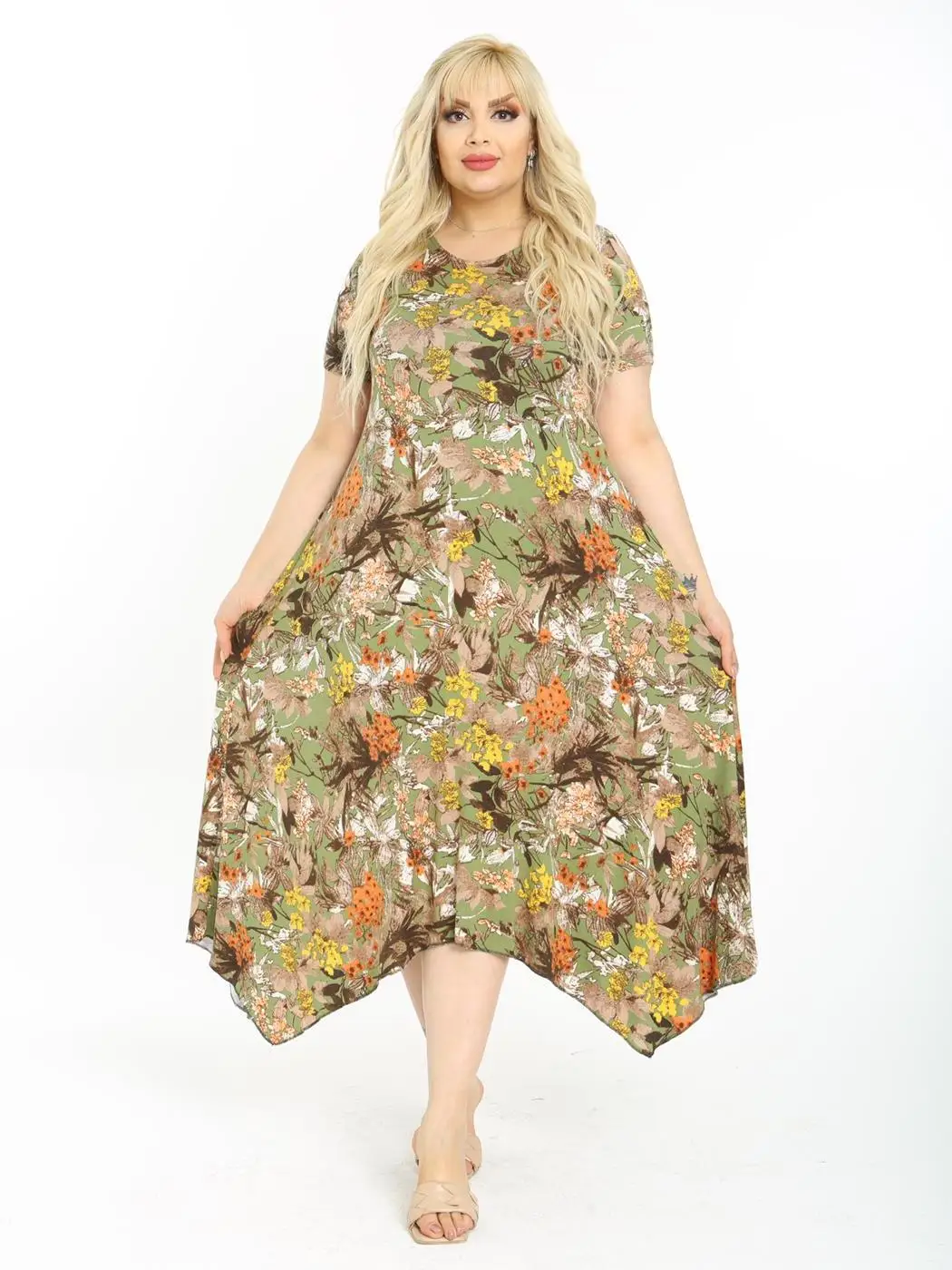 Plus Size Women Clothing 2022 Casual Asymmetrical Dressing Floral Lycra Knitted Viscose Made in Turkey XL 2XL 3XL 4XL 5XL