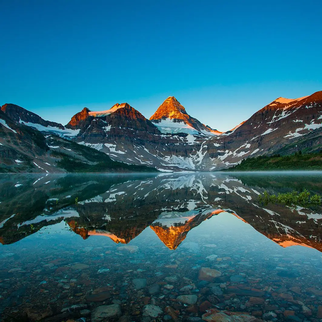 

Curtain Reflection of Mount Assiniboine Magog on Lake Sunrise at Alberta Canada Landscape Blue Orange Green