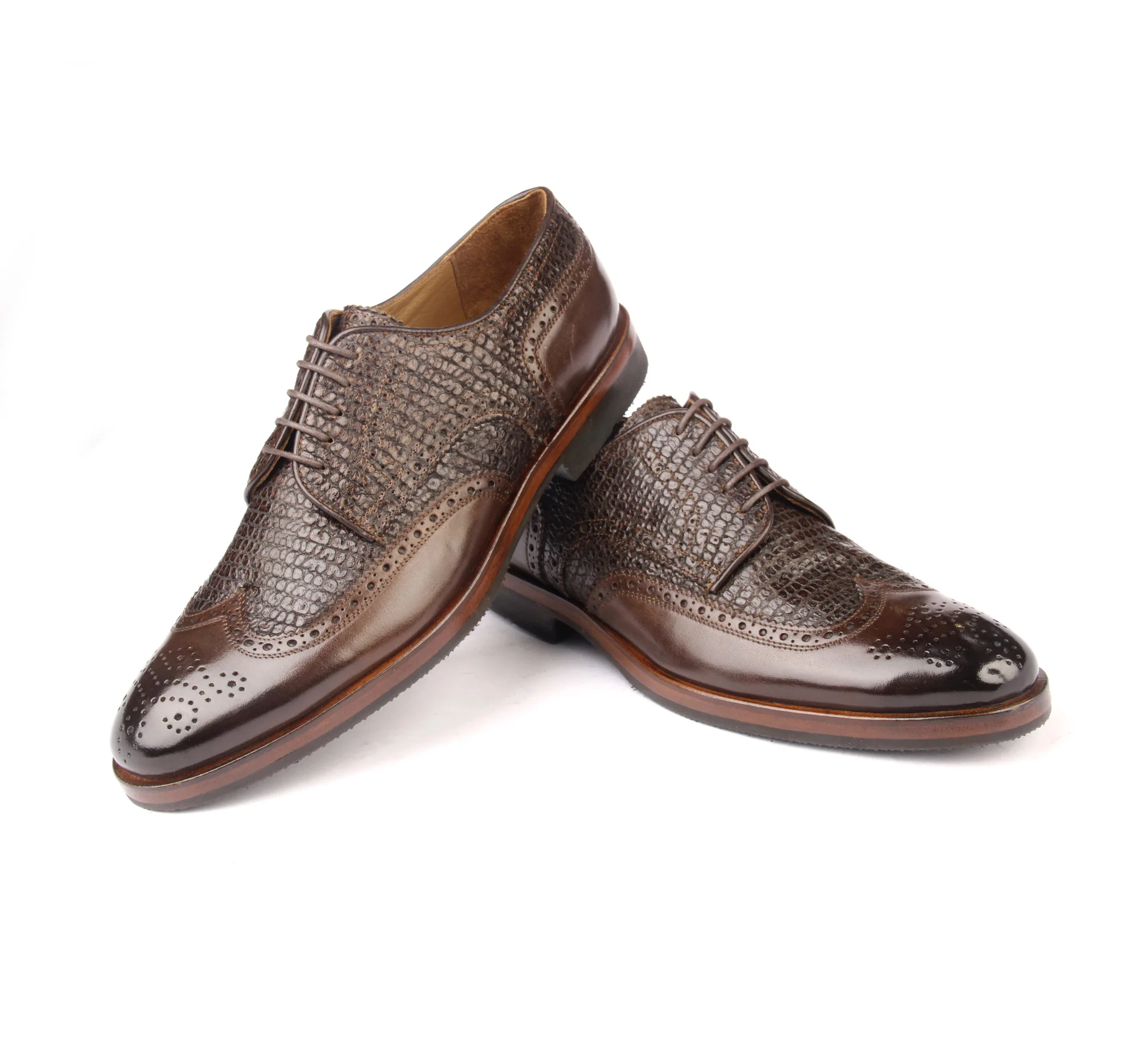 

Handmade Brown Classic Brogue Oxfords with Real Calfskin Embossed Leather, Lightweight EVA Sole, Men's Lace Up Oxford Shoes