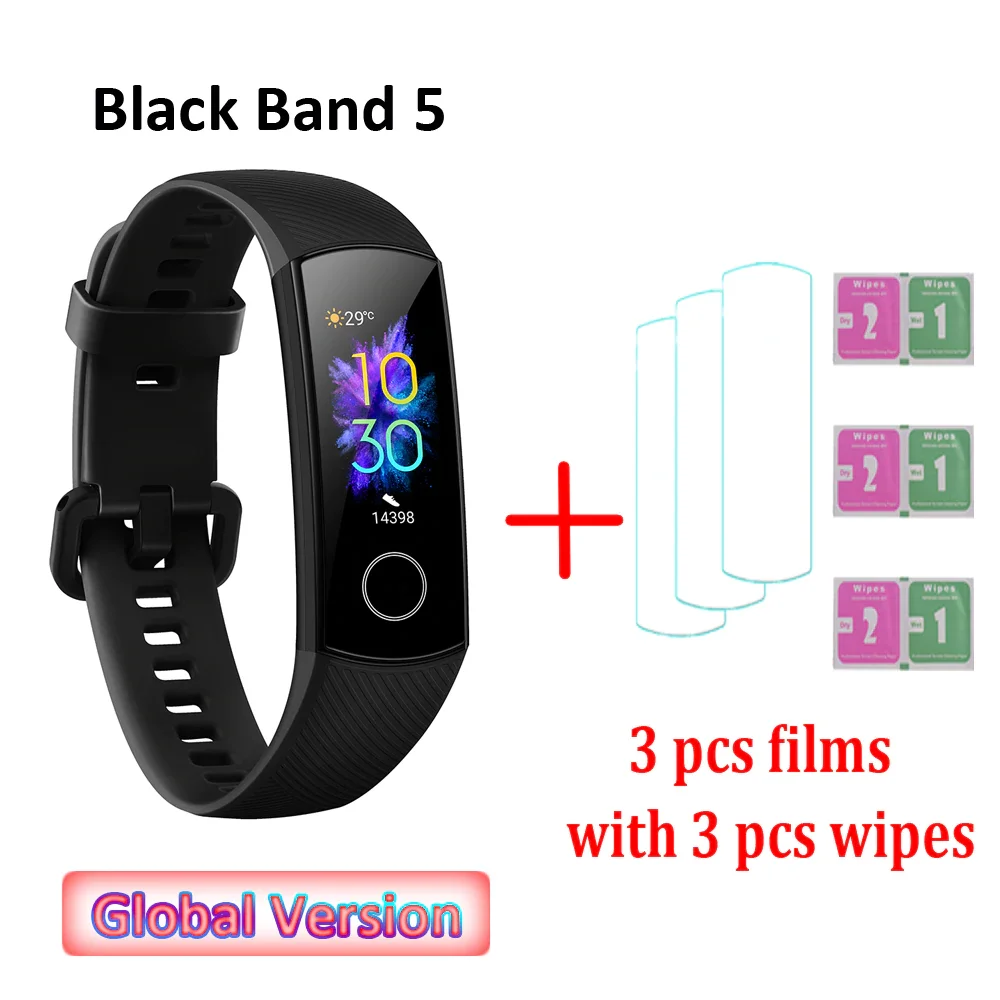 Black with 3 films Global Versio huawei Honor Band 5 4, умный Браслет, умный браслет, шагомер, сенсорный экран, для плавания, сердечного ритма, сна, монитор - Цвет: Black with 3 films