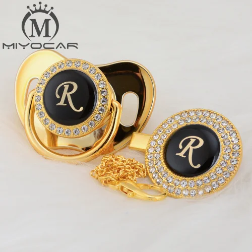 MIYOCAR цвета: золотистый, серебристый имя инициалы буквенные красивый bling соска и соска клип BPA бесплатно пустышка bling уникальный дизайн LAS-8/9 - Цвет: LR-8  6-18m