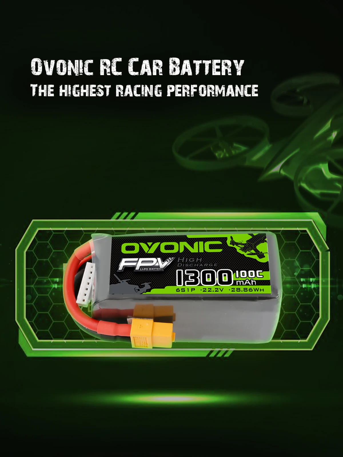 OVONIC-bater&iacute;a LIPO 6S FPV para Dron de carreras, 1300mAh, 100C, 22,2 V, enchufe XT60 para cuadric&oacute;ptero, helic&oacute;ptero, UAV, bater&iacute;as de avi&oacute;n-4