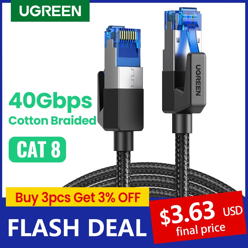 UGREEN Ethernet Cable CAT8 40Gbps 2000MHz CAT 8 Networking Cotton Braided Internet Lan Cord for Laptops PS 4 Router RJ45 Cable