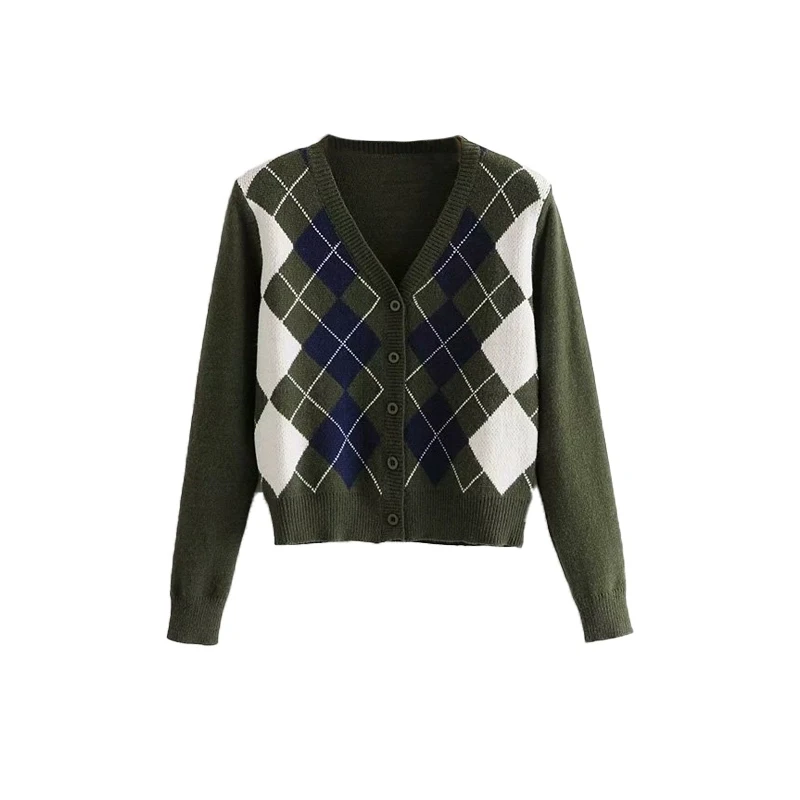 

Women's sweater coat autumn new women geometric diamond lattice knit cardigan sweater French niche retro blogger