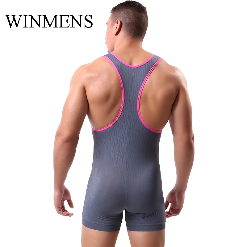 Men's Pajama Onesie Solid Ripple U Convex Sexy Jumpsuit Thin Big Size Male Bodysuit Summer Sleepwear